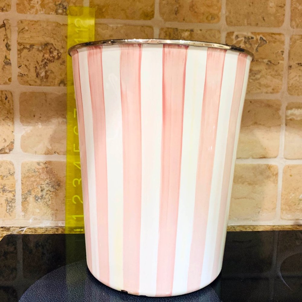 MACKENZIE-CHILDS Pink Stripe Enamel Waste Bin